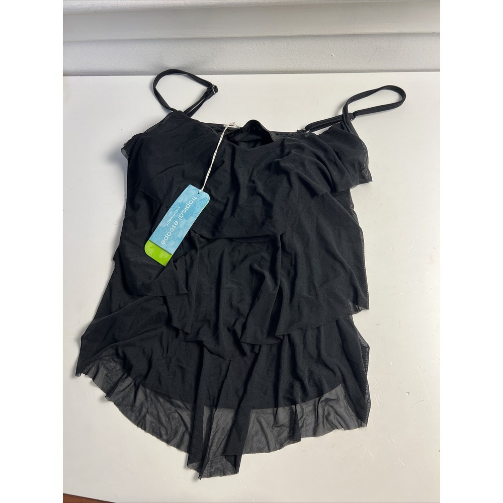 NEW WOMENS TROPICAL ESCAPE Black‎ MESH FLUTTER TANKINI SWIMSUIT TOP 8 NWT
